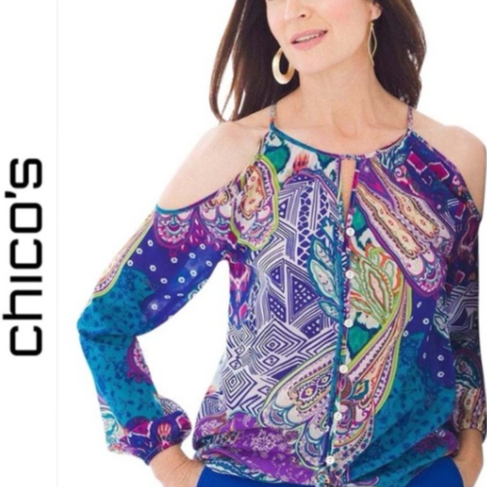 Chico's I Cold Shoulder semi sheer blue/purple paisley button/tie blouse…